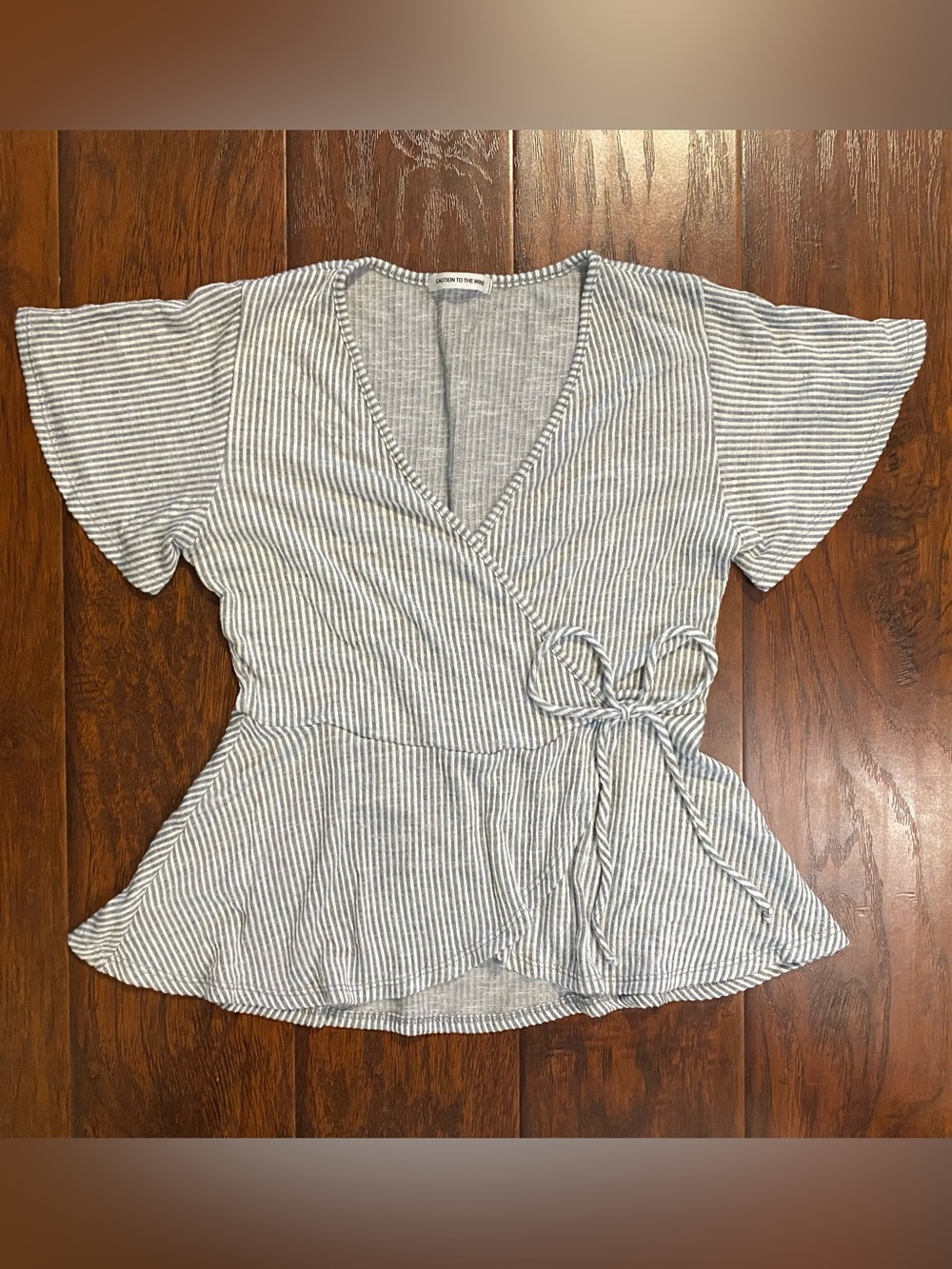 Women’s Striped Wrap Peplum Top - Gray/White - size small